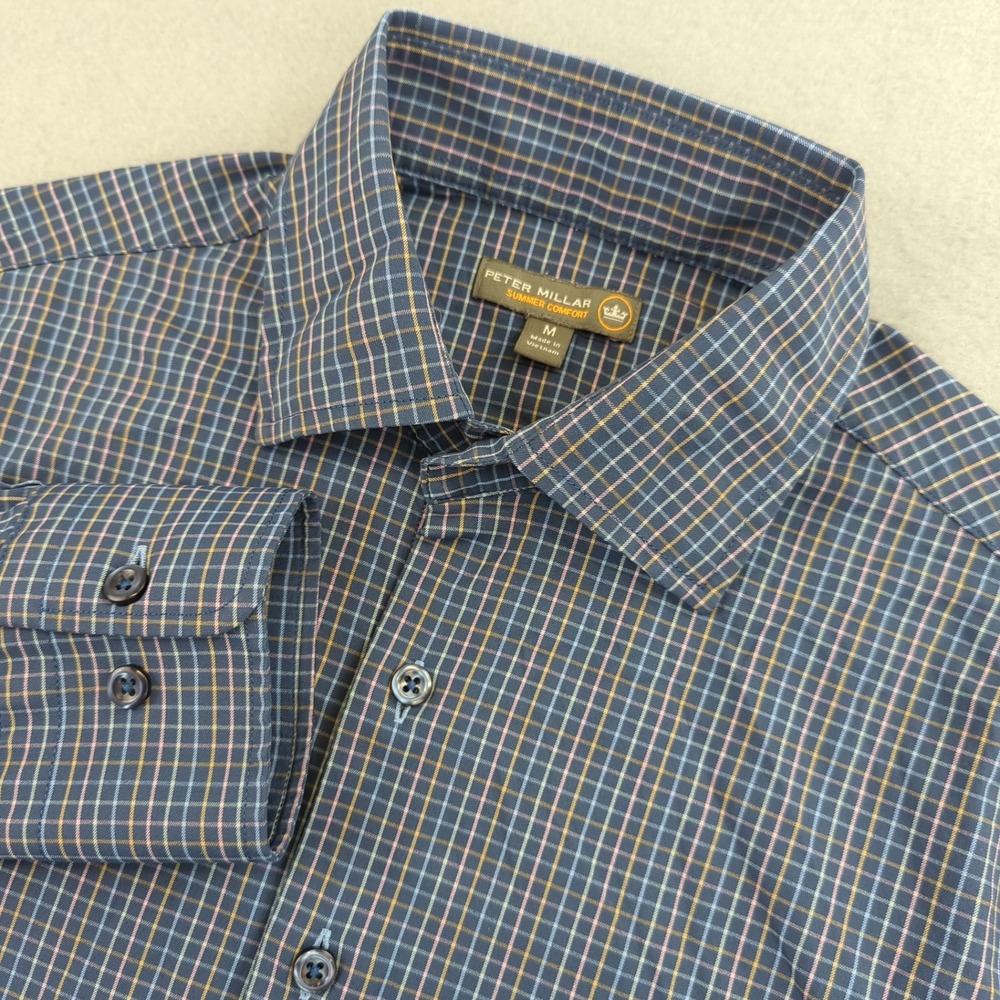 Peter Millar Summer Comfort Shirt Mens Medium‎ Blue Plaid Button Up Long Sleeve